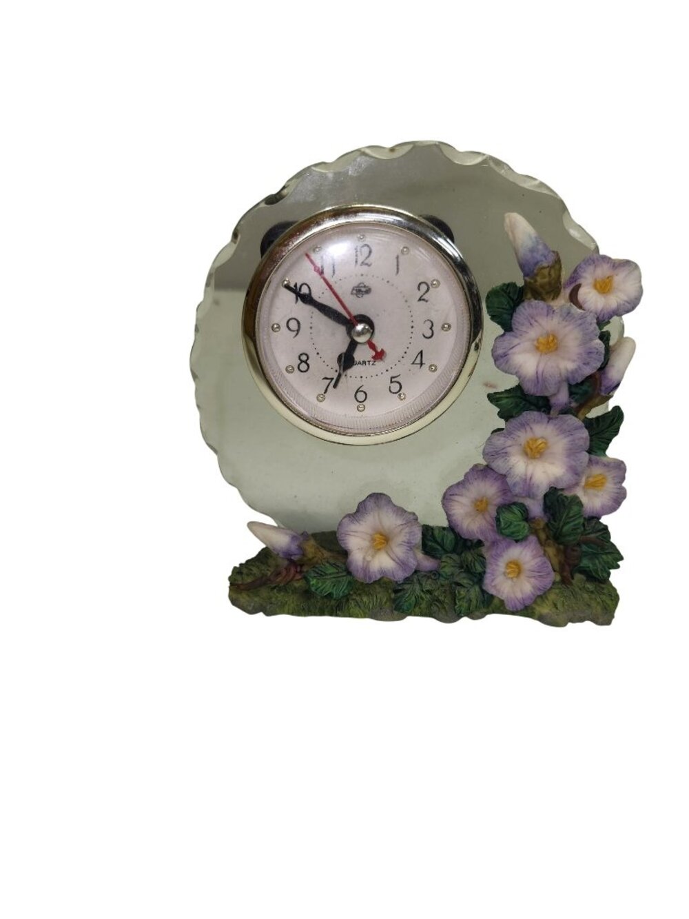 Floral Quartz Table Clock With Purple Flowers & Scalloped Glass Frame